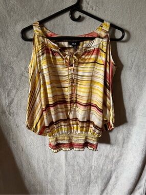 BCX Striped Tie-Front Smocked Hem Tank Top in Yellow and Pink